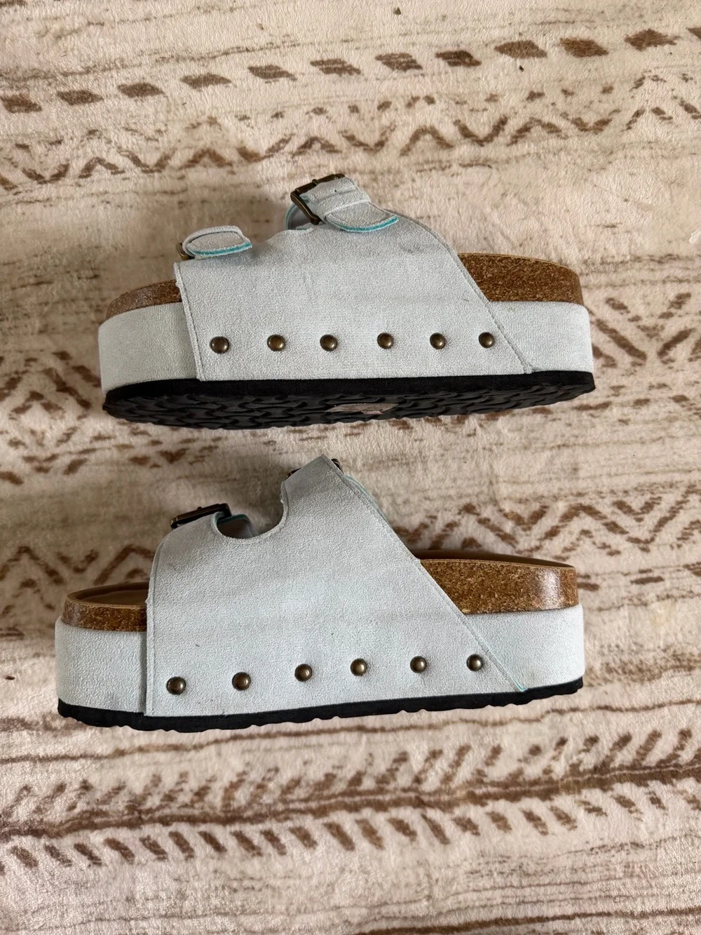 Platform Buckle Slide Sandals in Light Blue